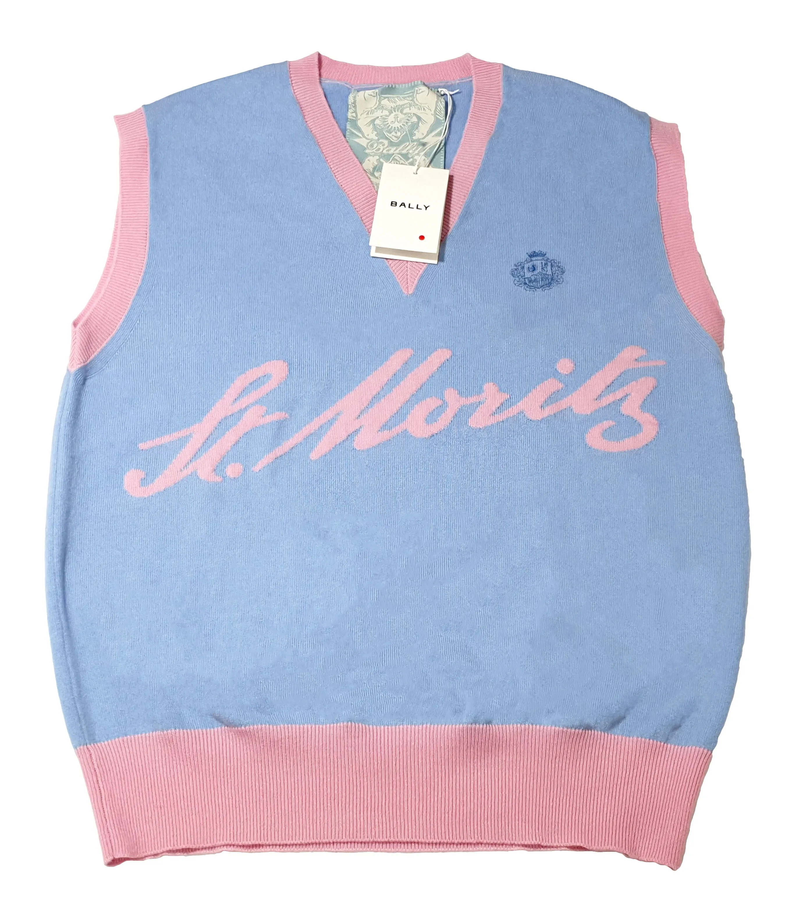 Bally 6302915 Blue/Pink Logo Cashmere Knit Wool Vest