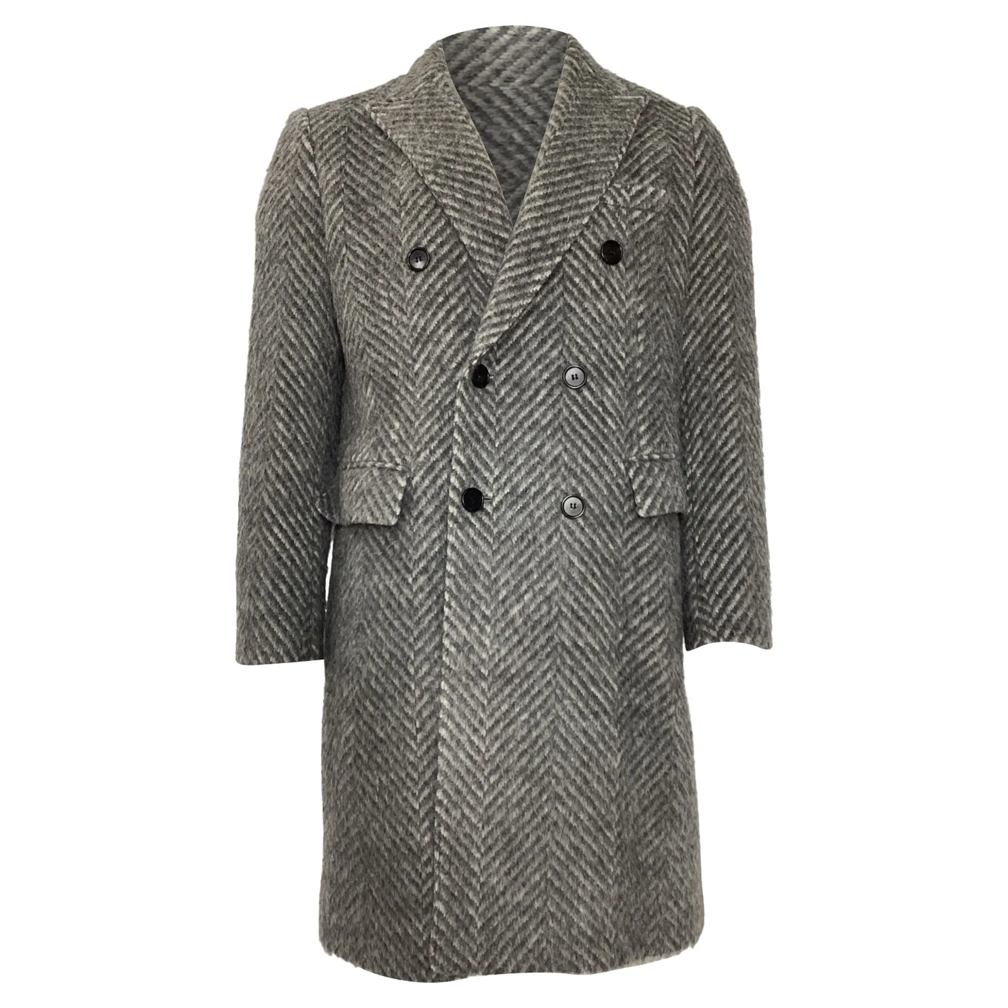 Burberry Double-Breasted Herringbone Chesterfield Coat in Grey Wool Mohair Alpaca Blend