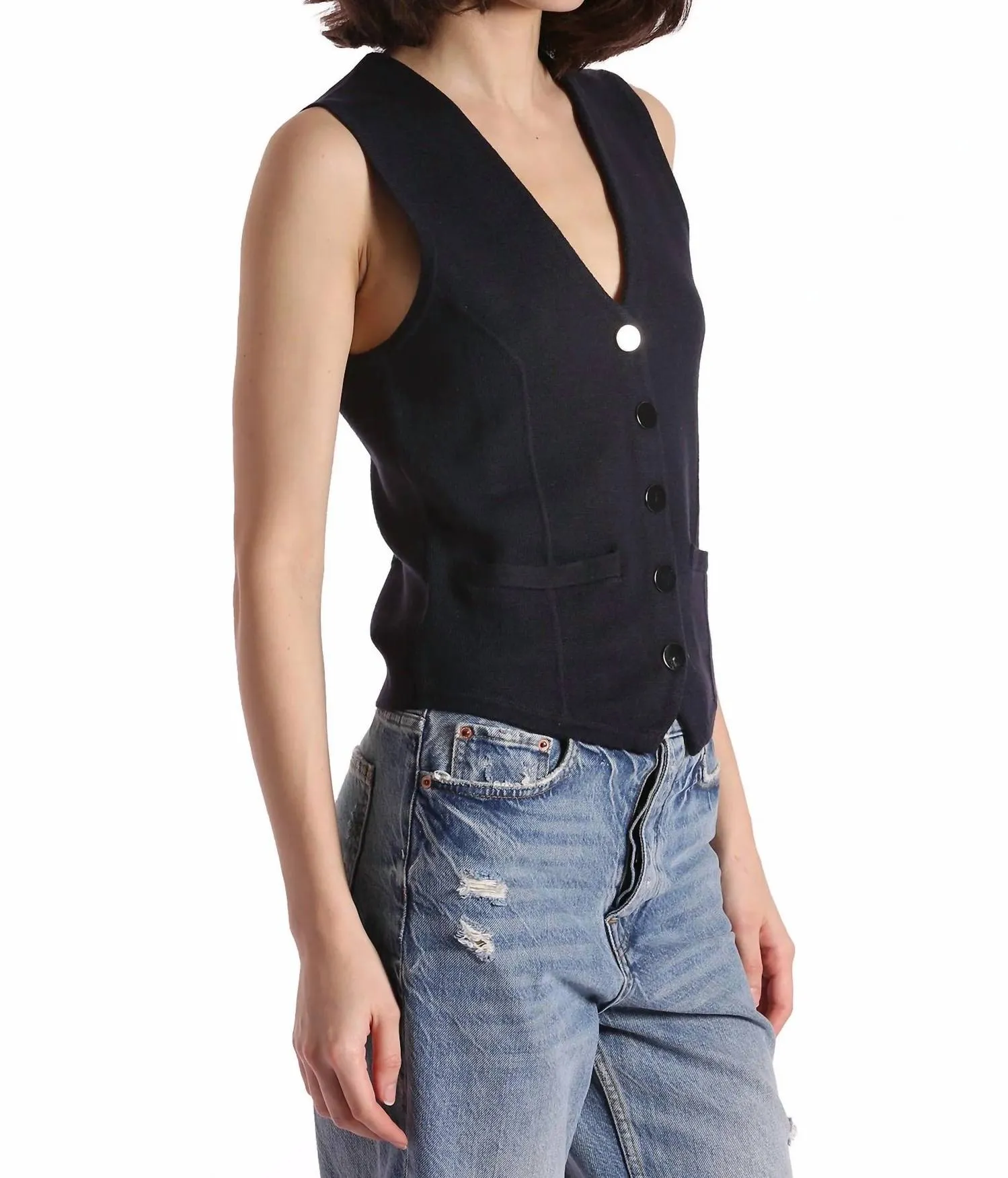 Cotton Blend Vest With Snaps In Navy