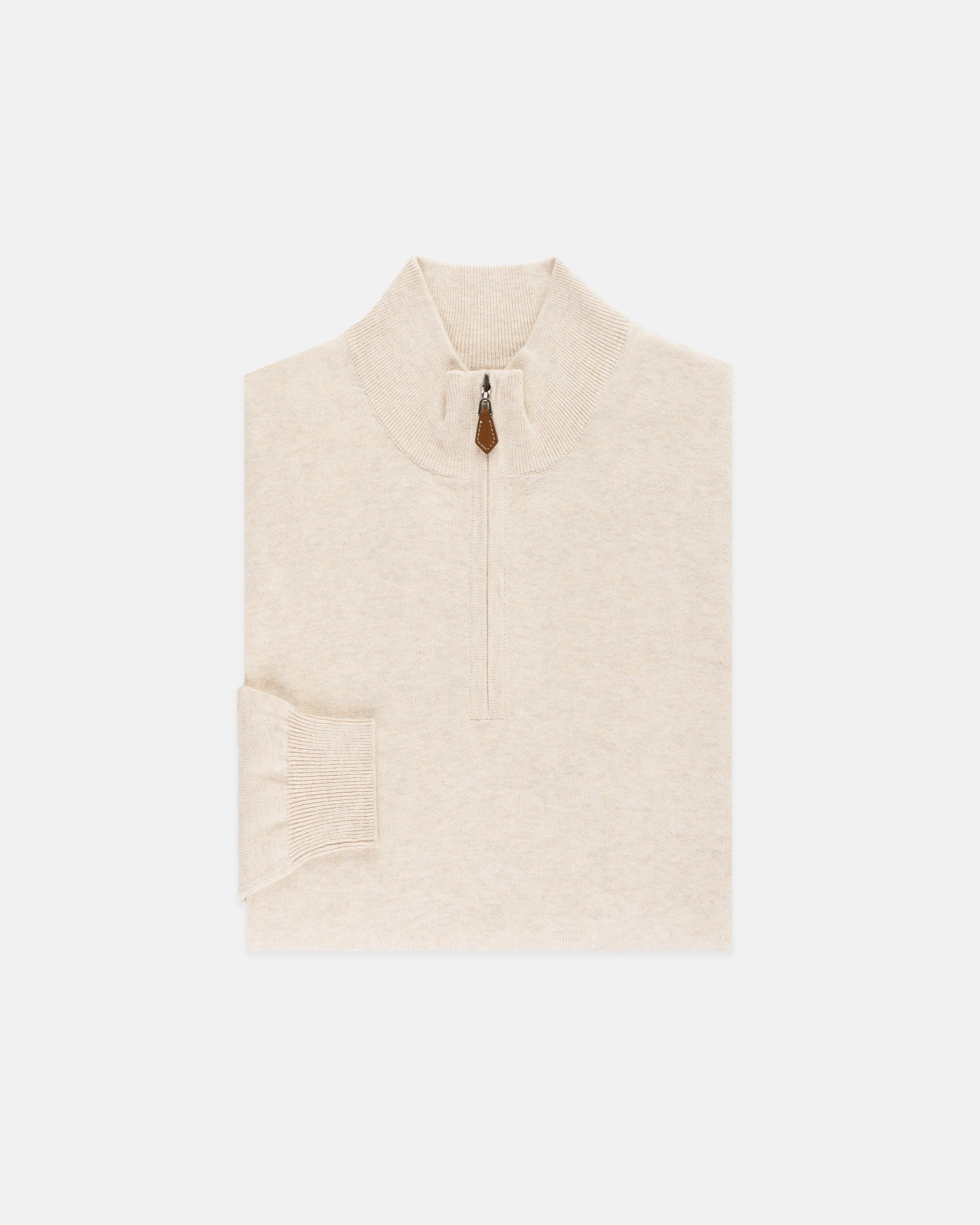 COTTON CASHMERE QUARTER ZIP UP - LIGHT TAN