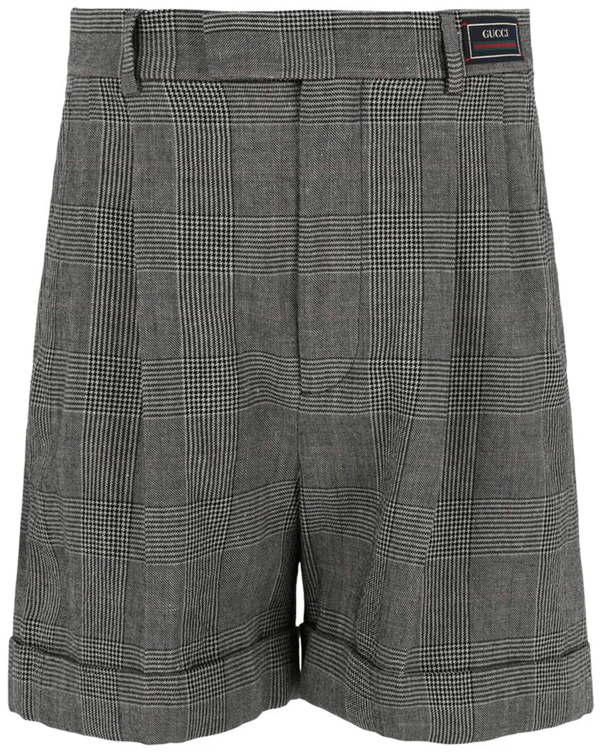 Gucci Cuffed Houndstooth Plaid Wool & Linen-Blend Short