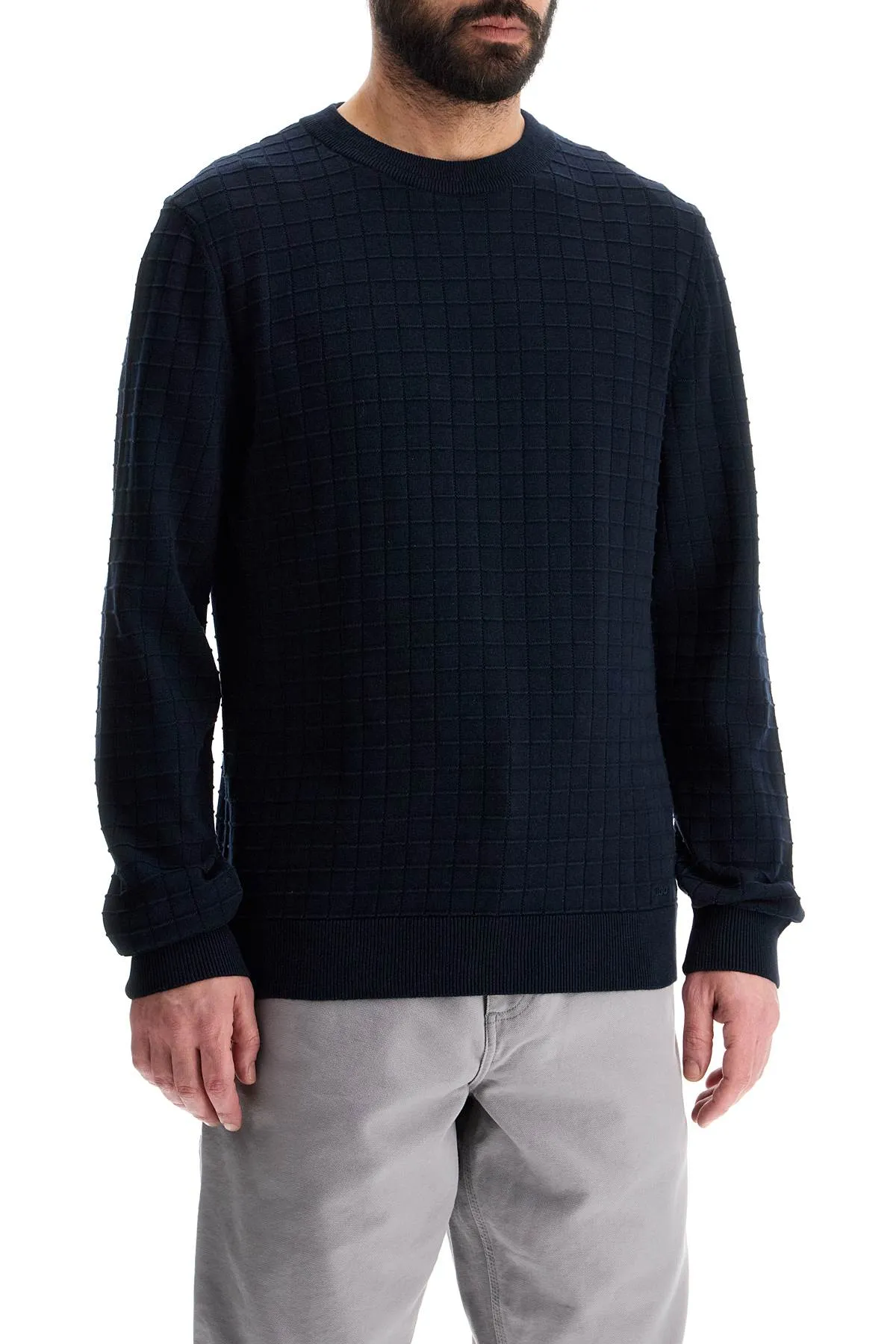 Hugo Men's blue Cotton Sweater With Round Neck Regular Fit