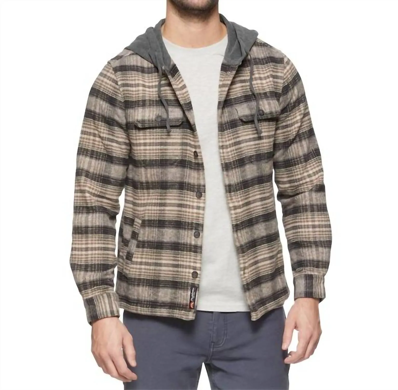 Manning Hooded Shirt Jacket In Oatmeal/charcoal