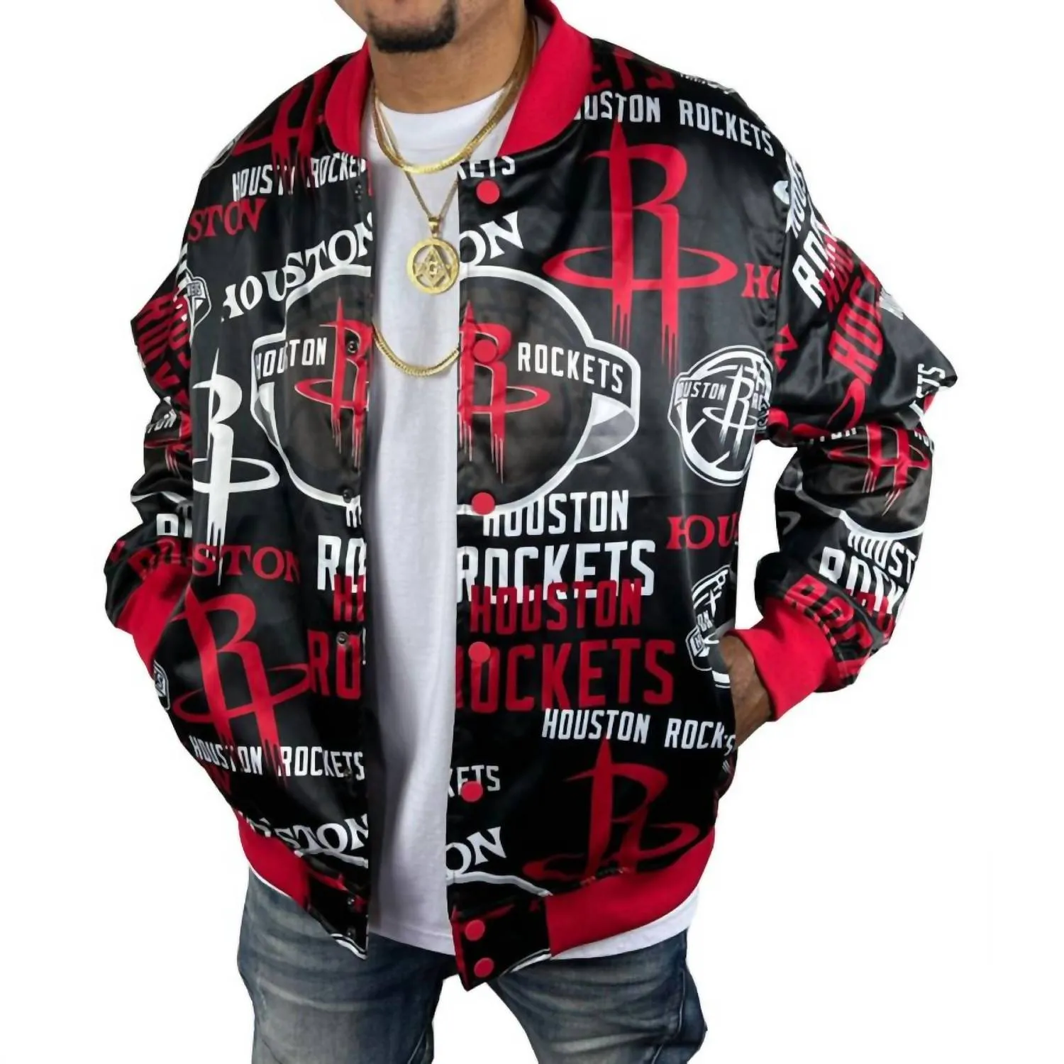 Men's Houston Rockets All Over Print Satin Jacket In Black