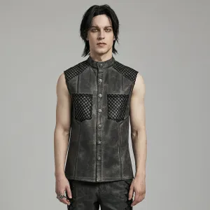 Men's Punk Rock Stand Collar Mesh Splice Black Grey Vest