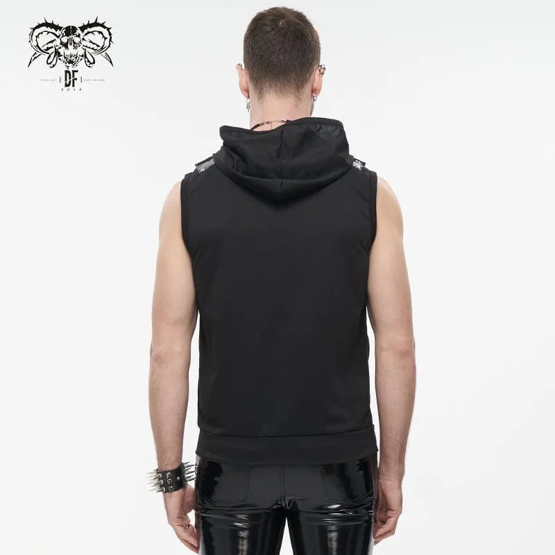 Men's Punk Skull Faux Leather Splice Vest with Hood