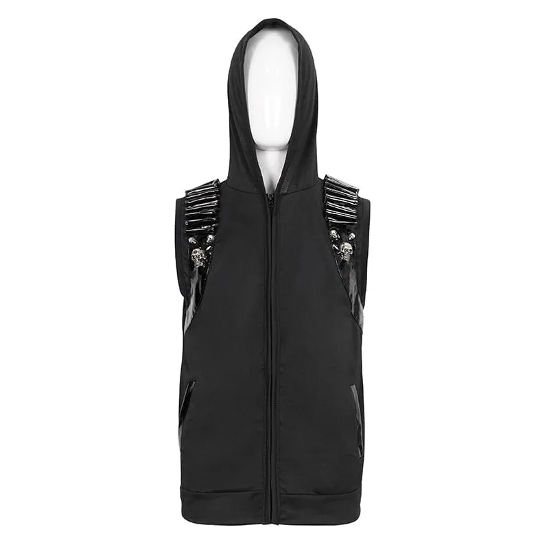 Men's Punk Skull Faux Leather Splice Vest with Hood