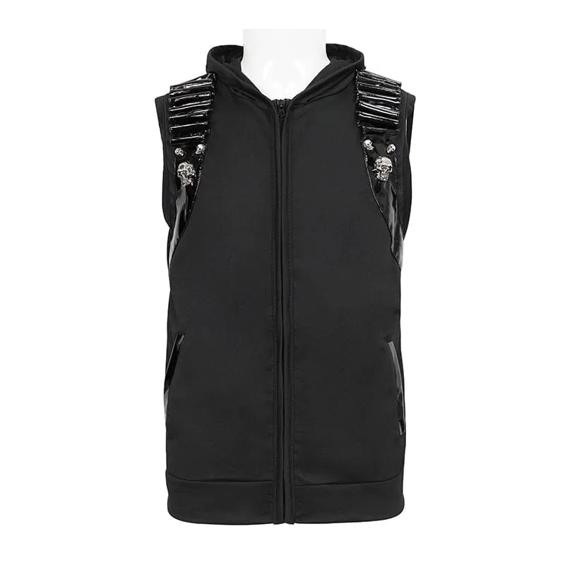 Men's Punk Skull Faux Leather Splice Vest with Hood