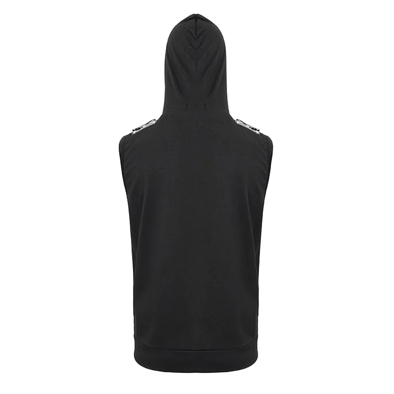 Men's Punk Skull Faux Leather Splice Vest with Hood