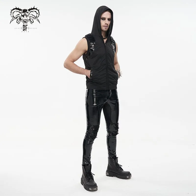 Men's Punk Skull Faux Leather Splice Vest with Hood