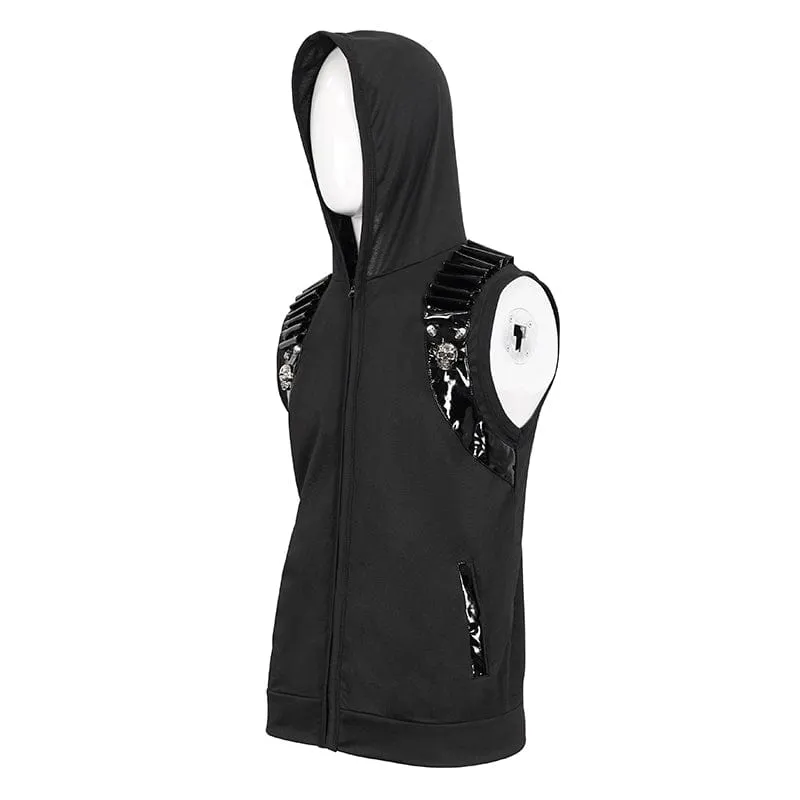 Men's Punk Skull Faux Leather Splice Vest with Hood