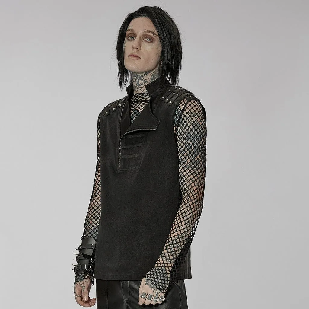 Men's Punk Stand Collar Asymmetric Zipper Vest
