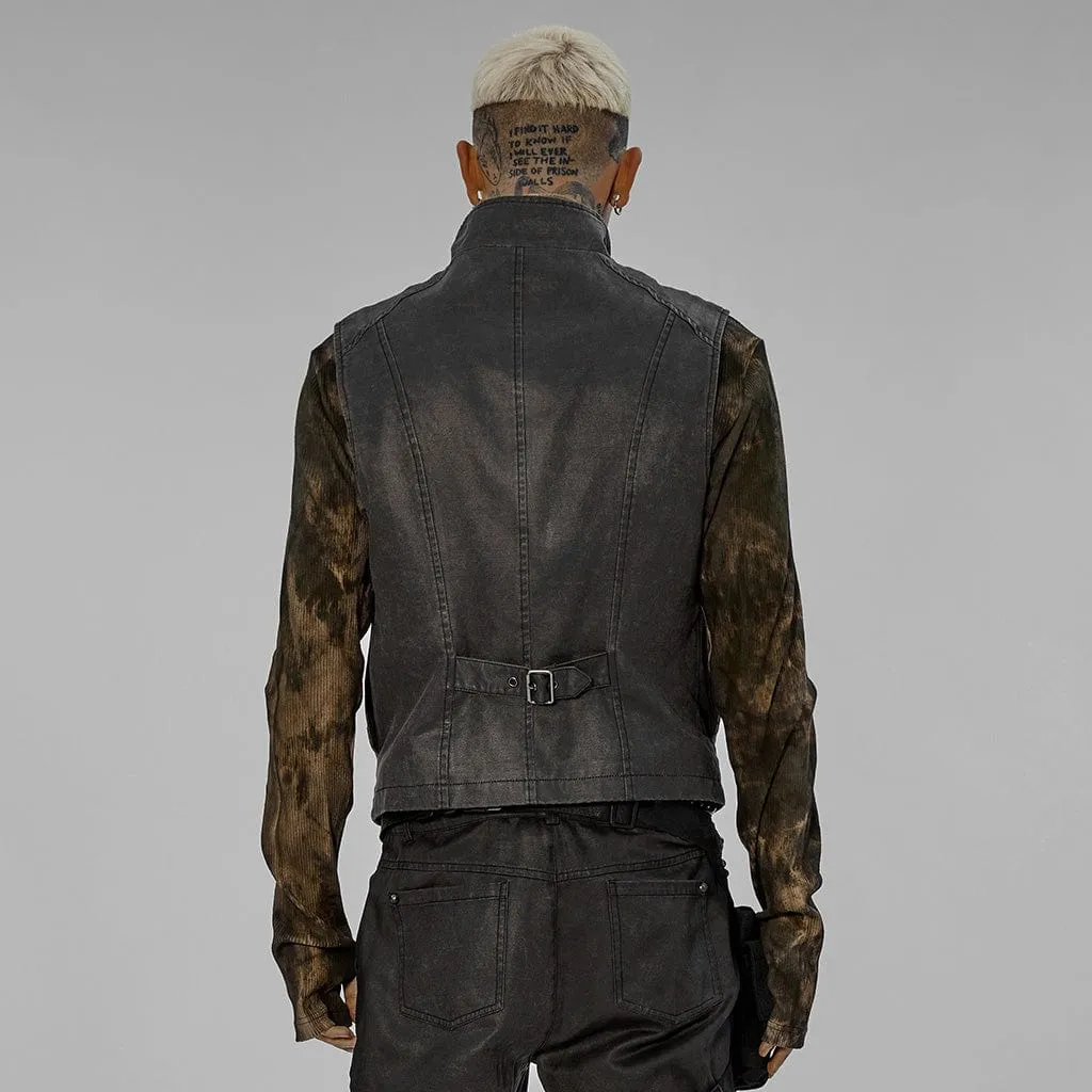 Men's Punk Stand Collar Buckle Distressed Vest