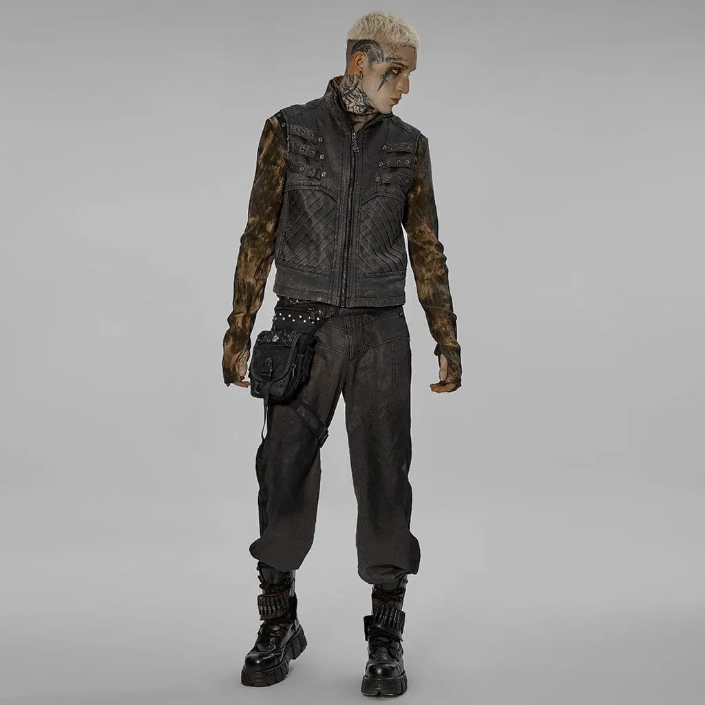 Men's Punk Stand Collar Buckle Distressed Vest