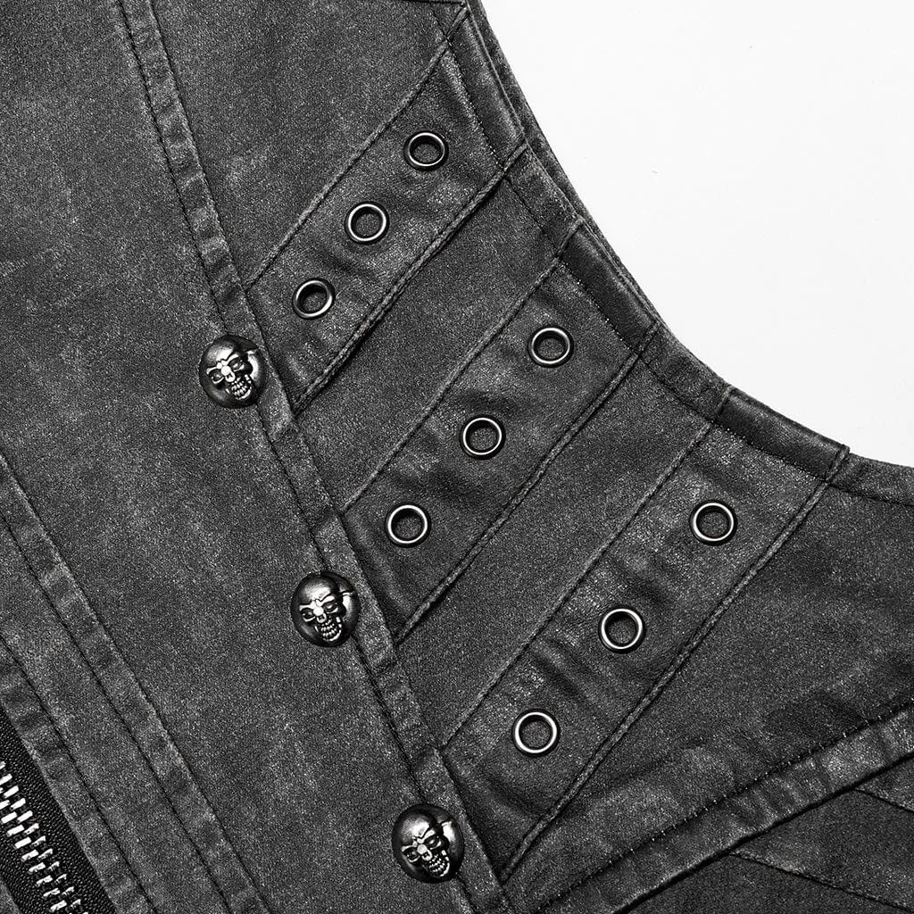 Men's Punk Stand Collar Buckle Distressed Vest