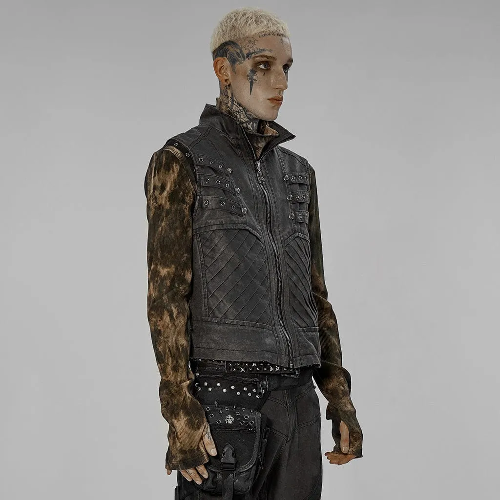 Men's Punk Stand Collar Buckle Distressed Vest