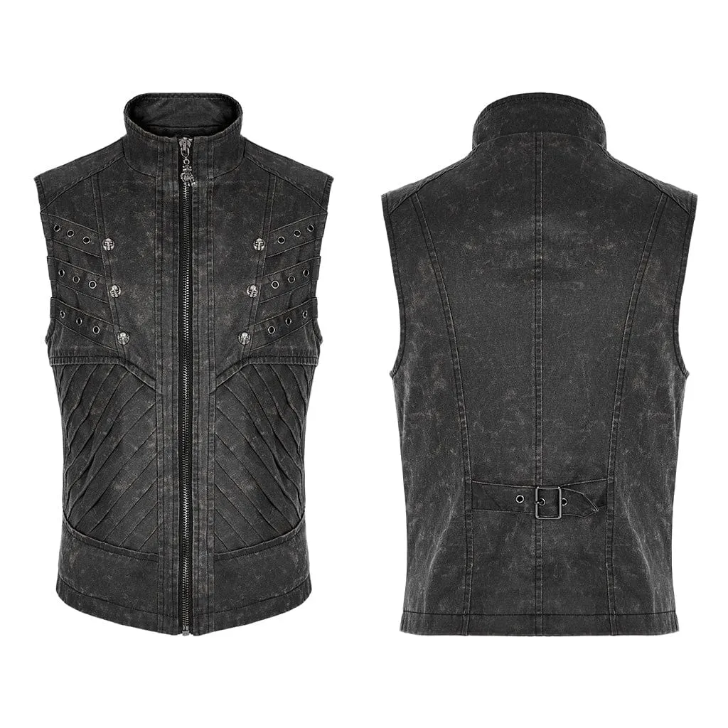 Men's Punk Stand Collar Buckle Distressed Vest