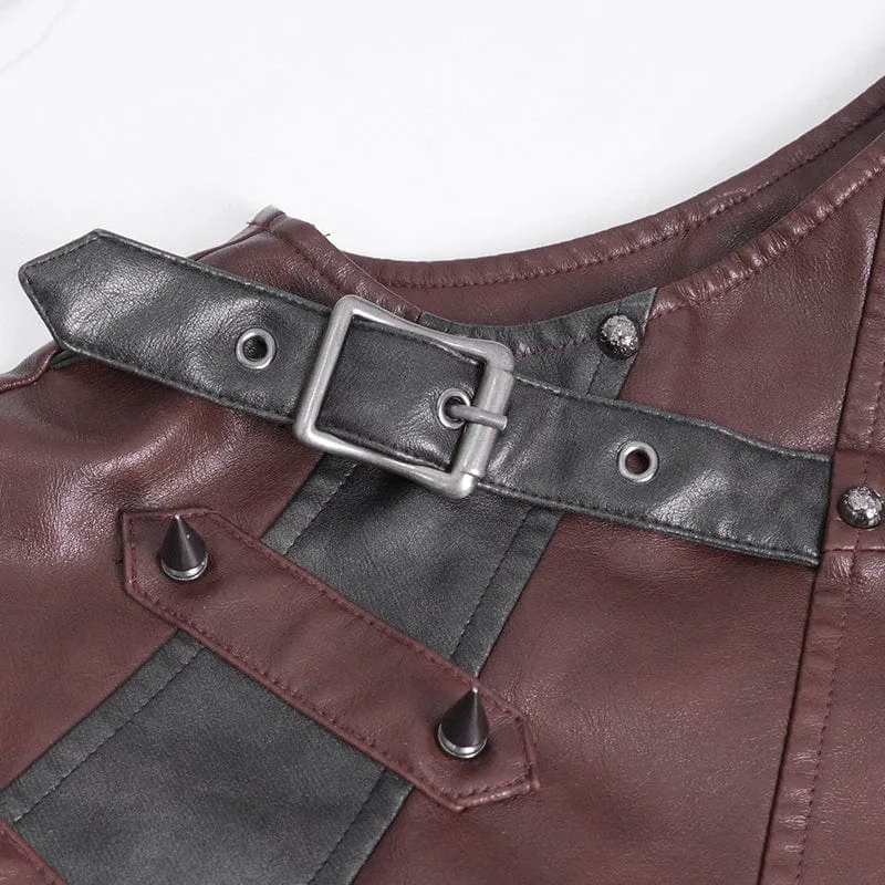 Men's Punk Studded Red Faux Leather Vest