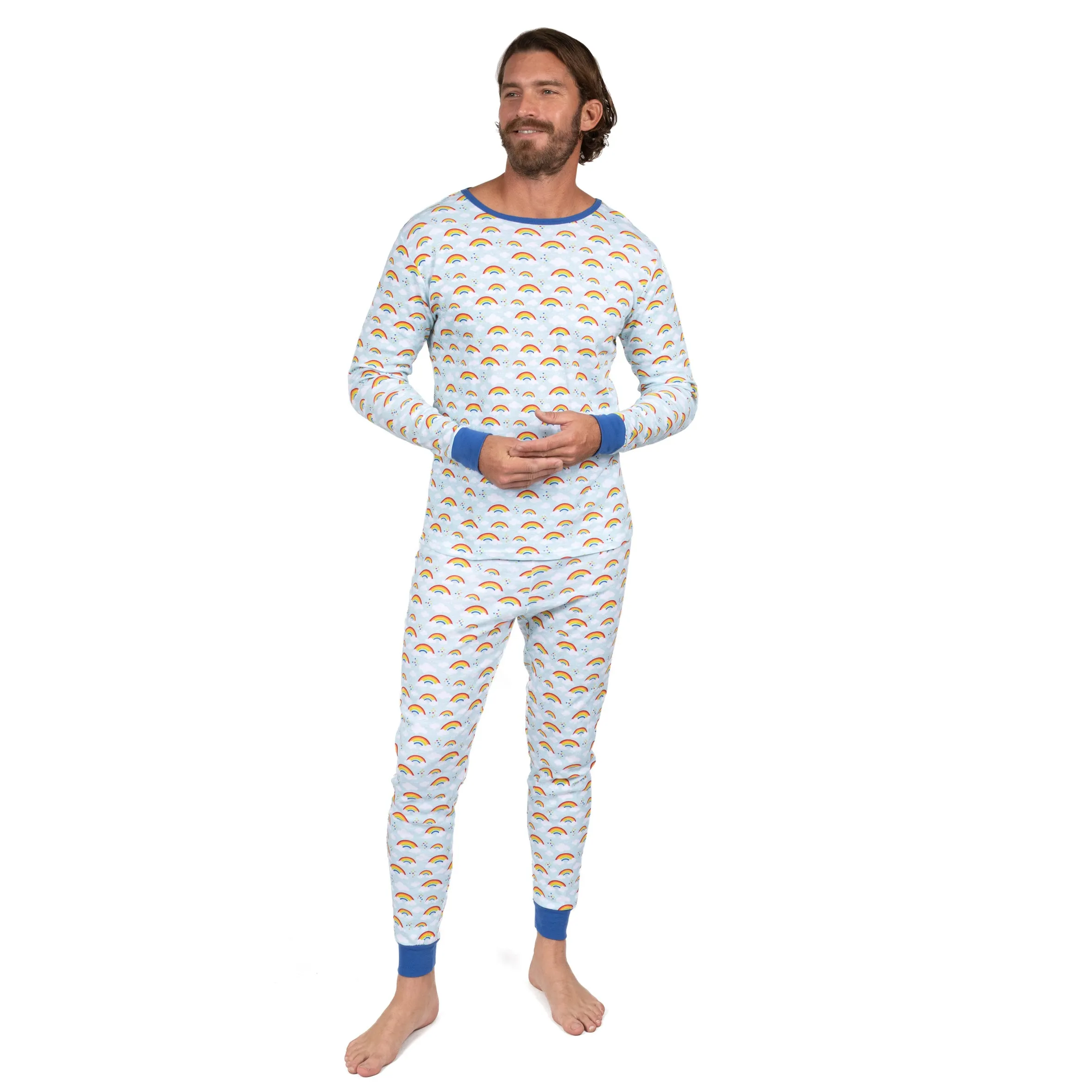 Mens Two Piece Cotton Pajamas Rainbow Blue