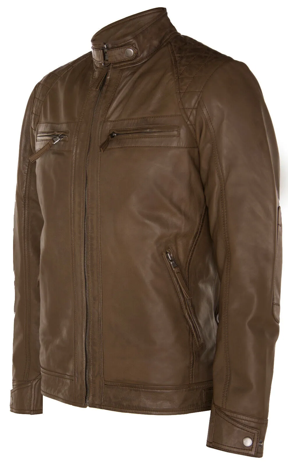 Men's Vintage Zipped Leather Racing Quilted Biker Jacket