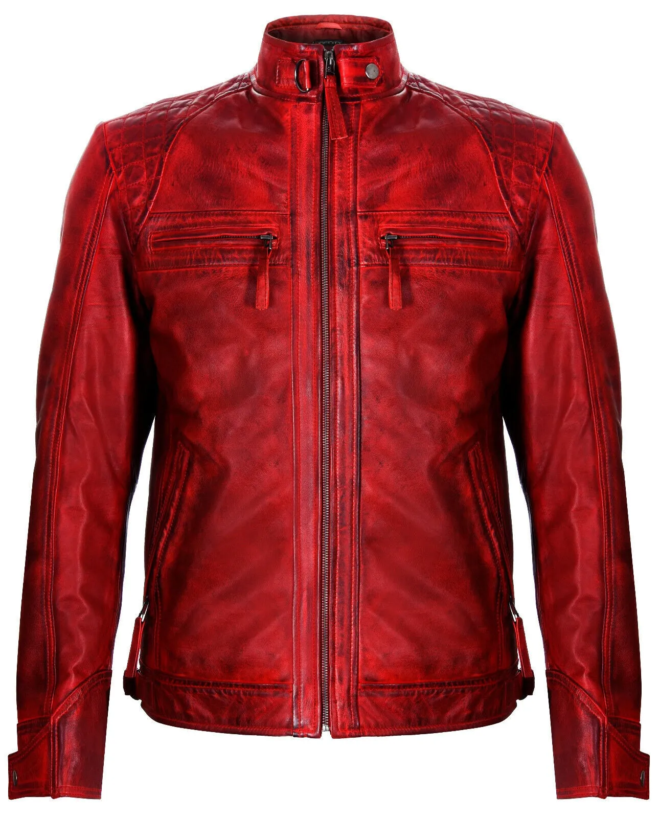 Men's Vintage Zipped Leather Racing Quilted Biker Jacket