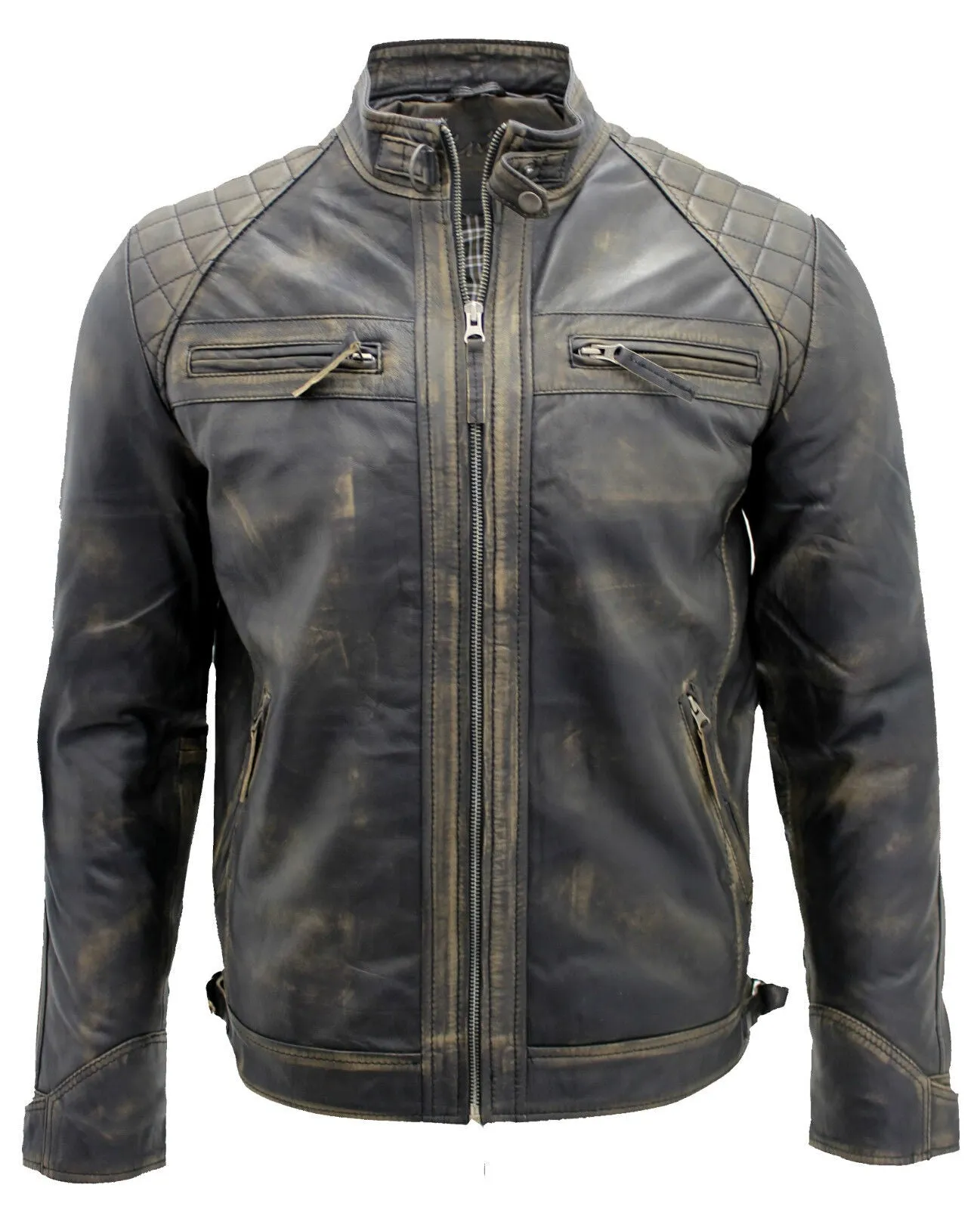 Men's Vintage Zipped Leather Racing Quilted Biker Jacket