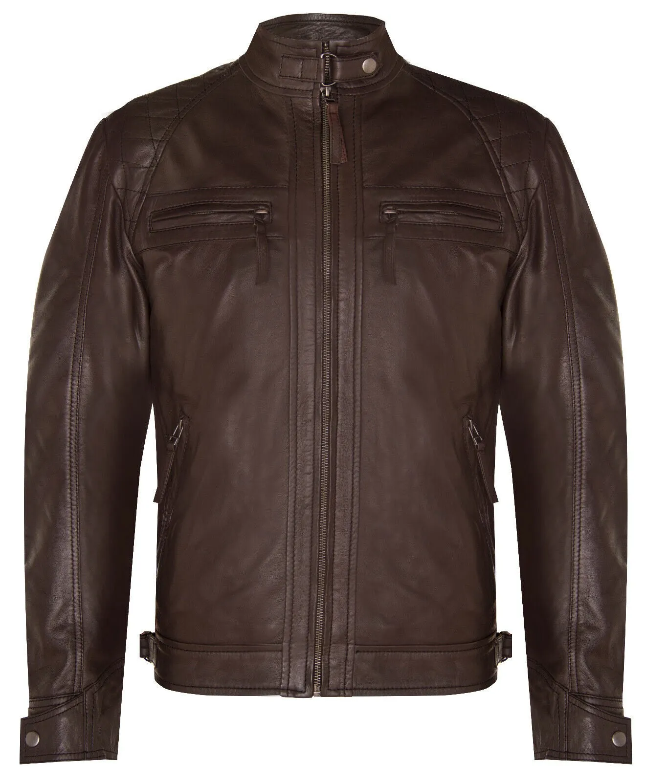 Men's Vintage Zipped Leather Racing Quilted Biker Jacket