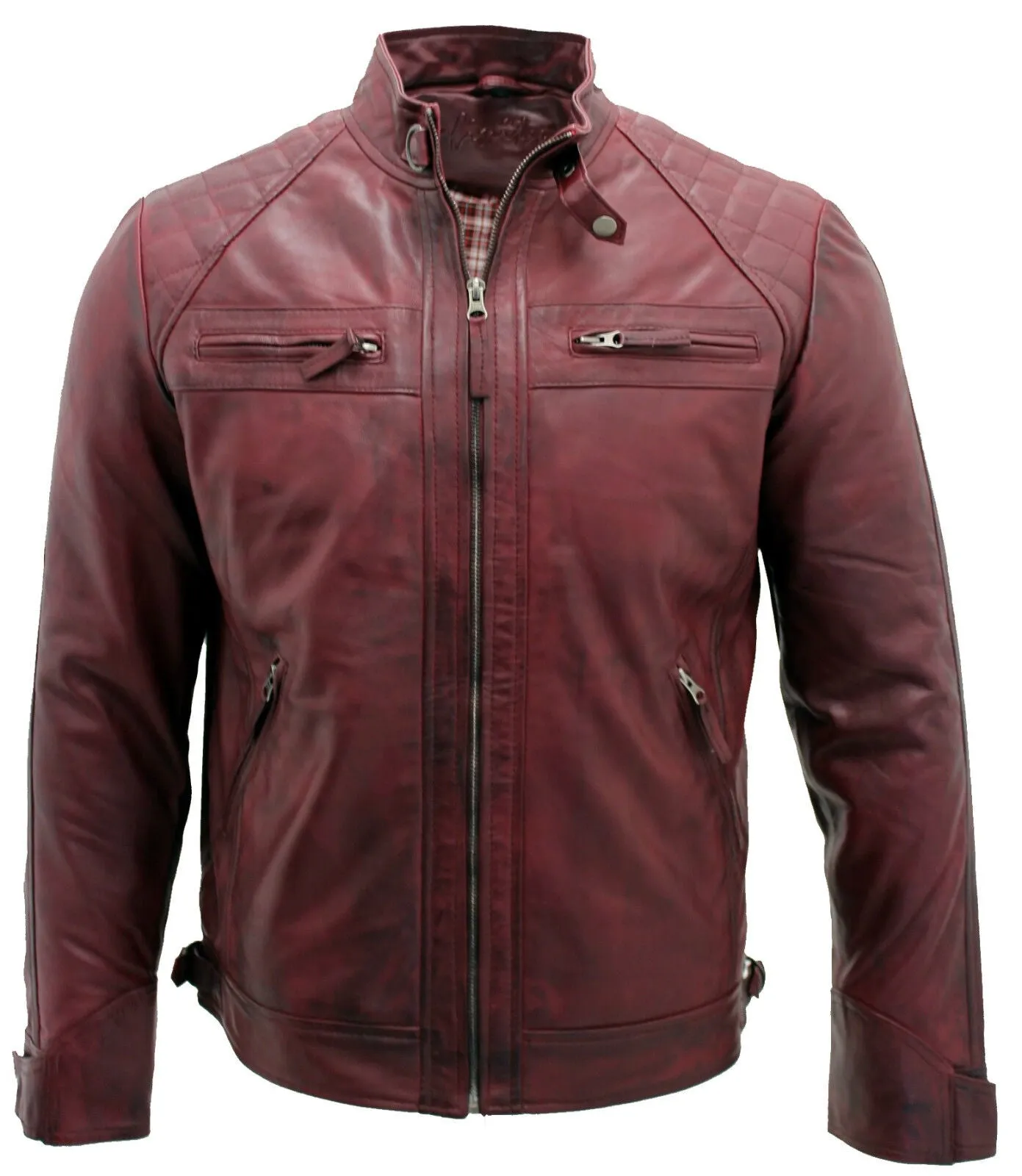 Men's Vintage Zipped Leather Racing Quilted Biker Jacket