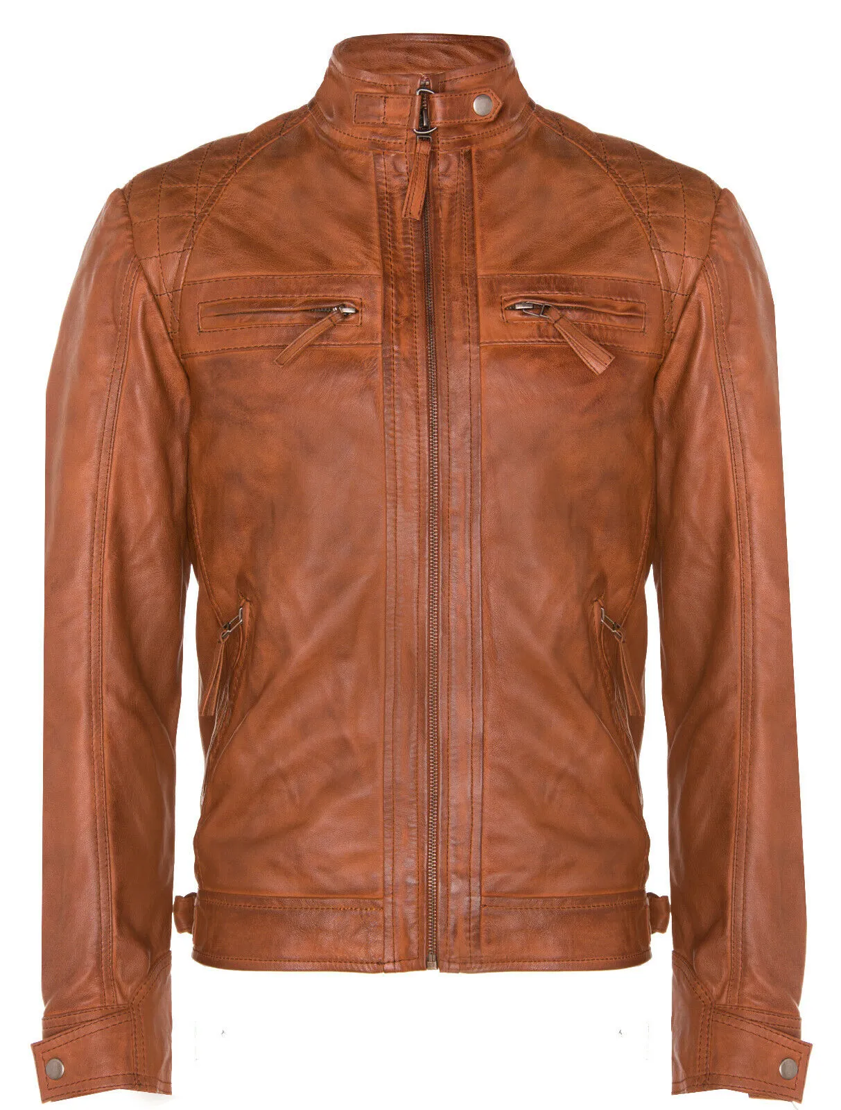 Men's Vintage Zipped Leather Racing Quilted Biker Jacket