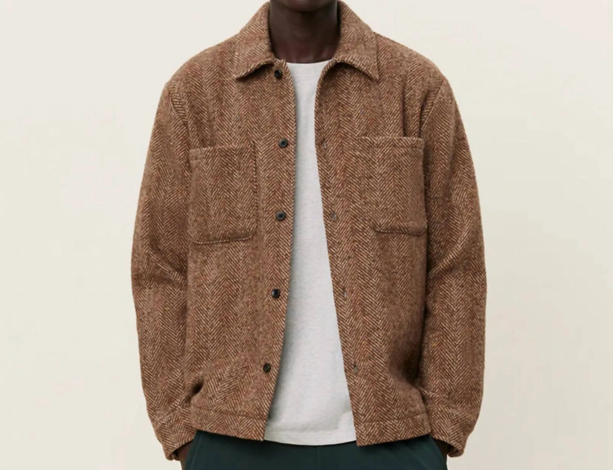 Milian Herringbone Overshirt In Coffee Brown/dark Sand