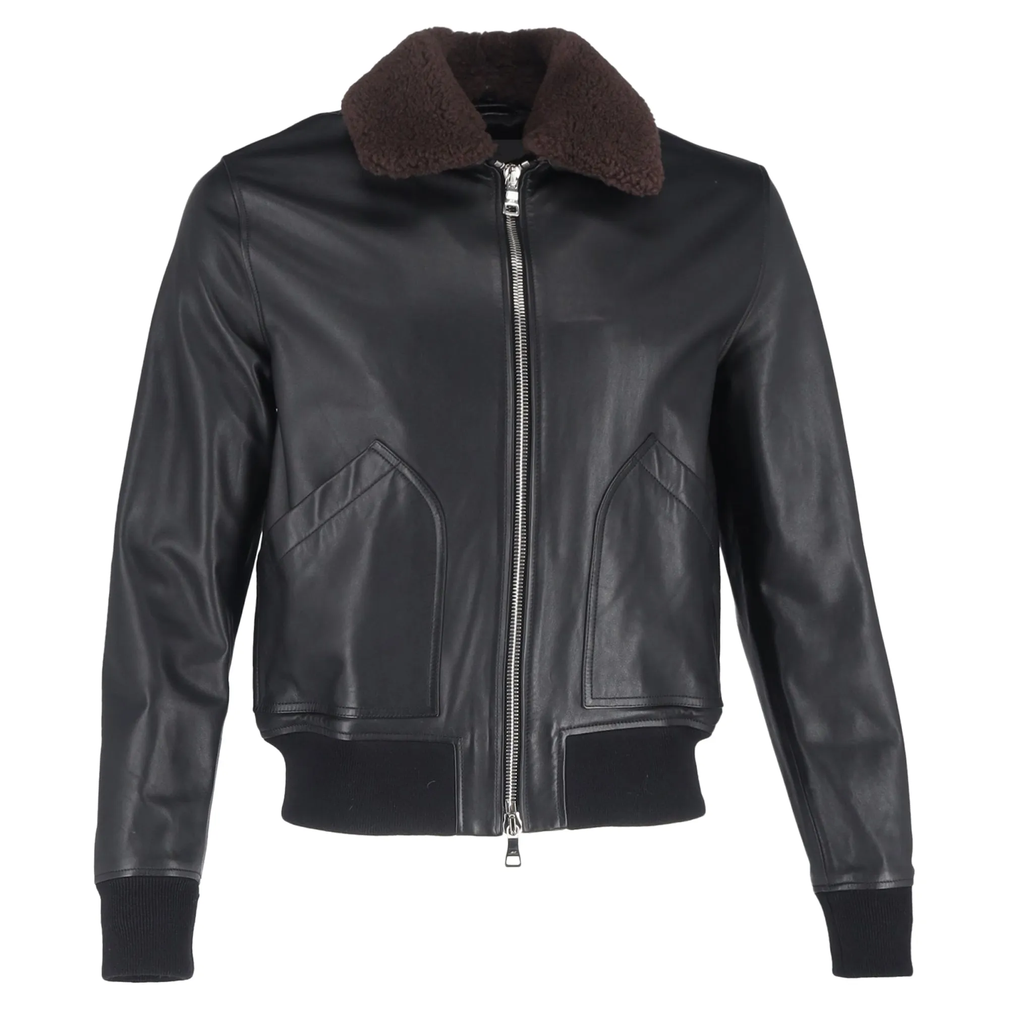 Mr. P. Shear Trim Zipped Bomber Jacket in Black Leather