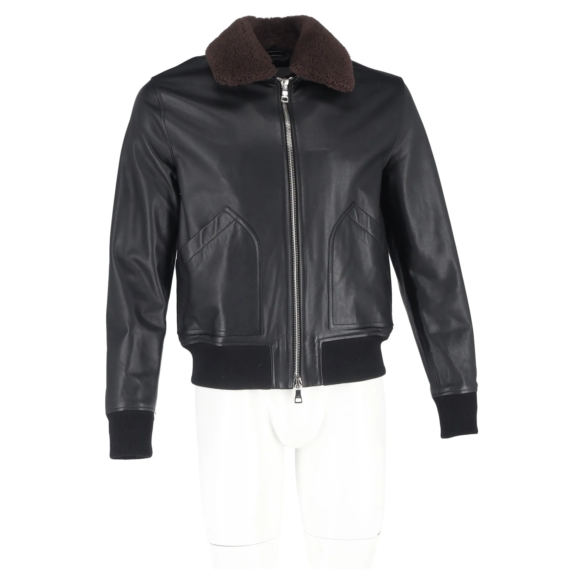 Mr. P. Shear Trim Zipped Bomber Jacket in Black Leather