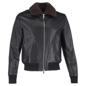 Mr. P. Shear Trim Zipped Bomber Jacket in Black Leather