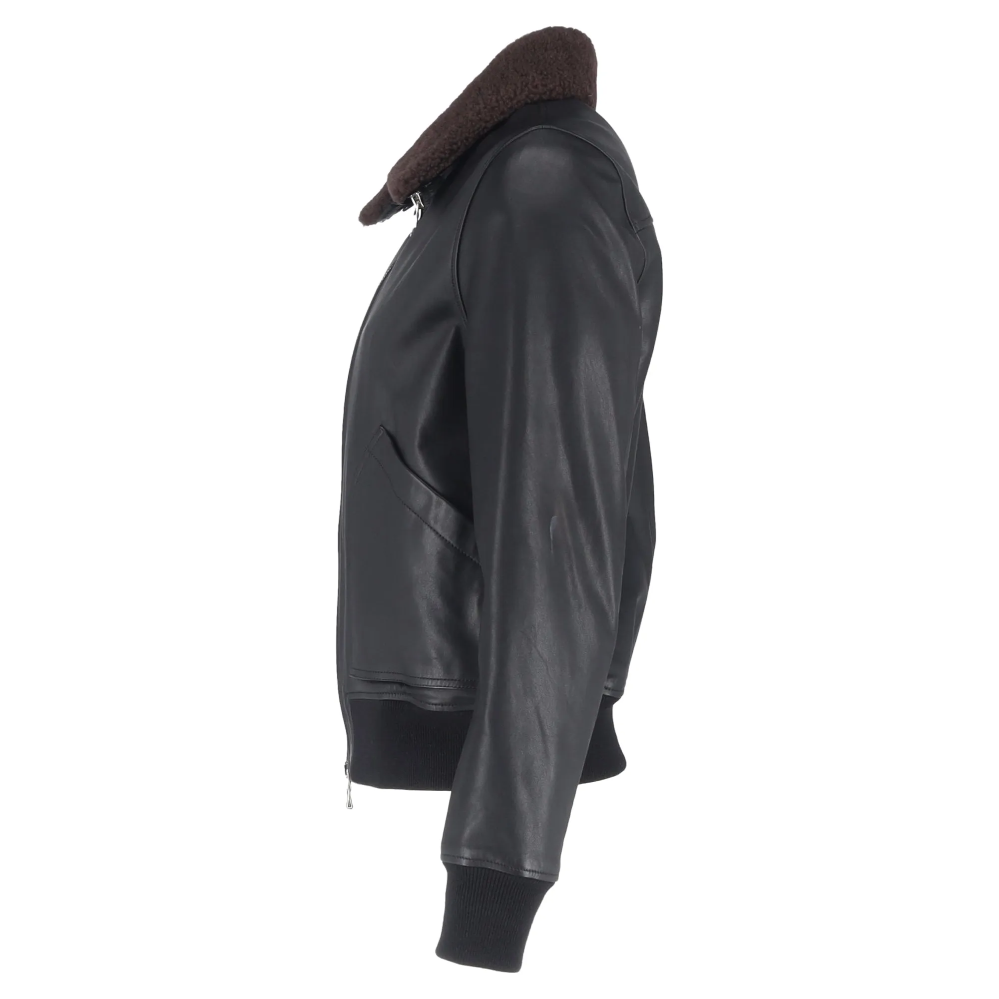Mr. P. Shear Trim Zipped Bomber Jacket in Black Leather