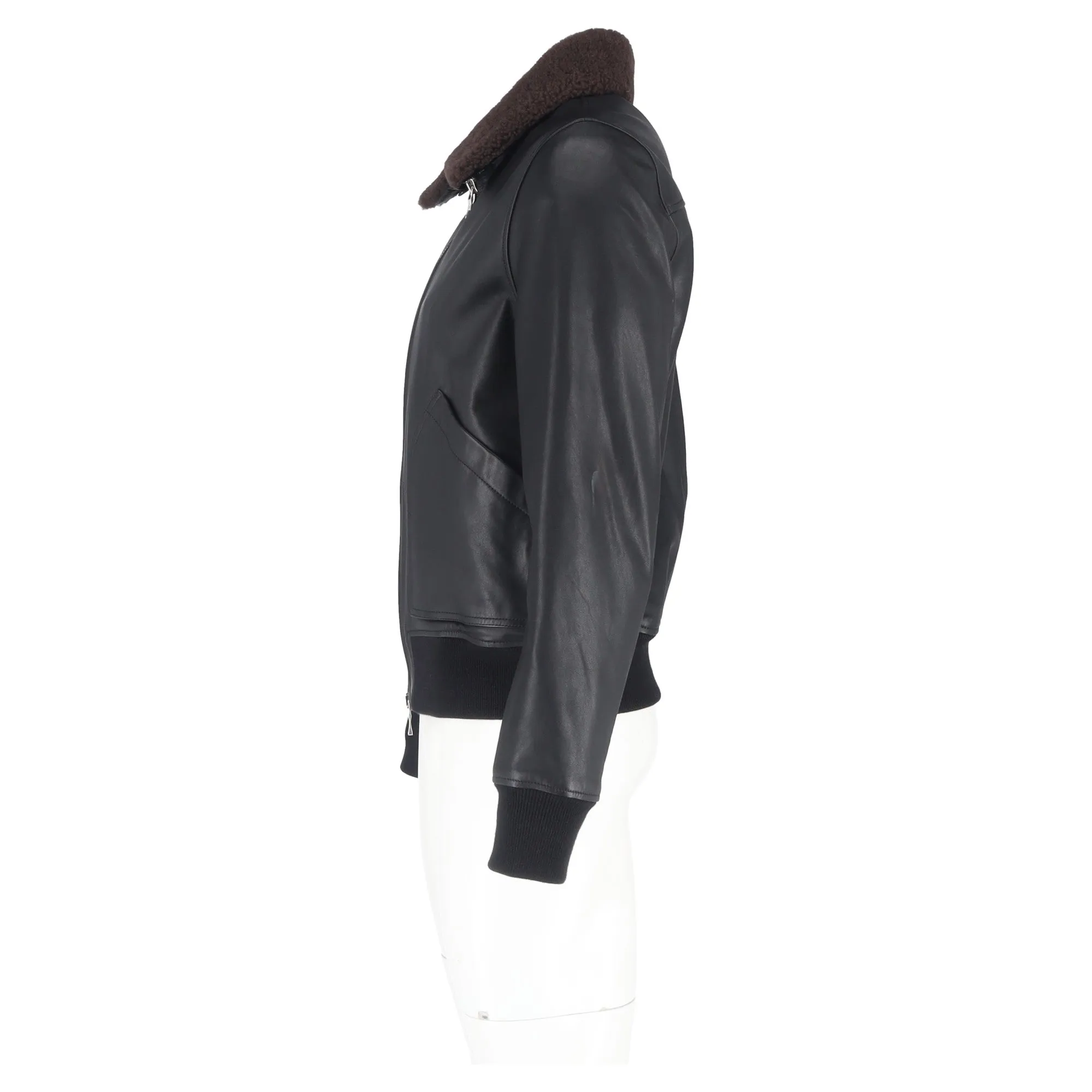 Mr. P. Shear Trim Zipped Bomber Jacket in Black Leather