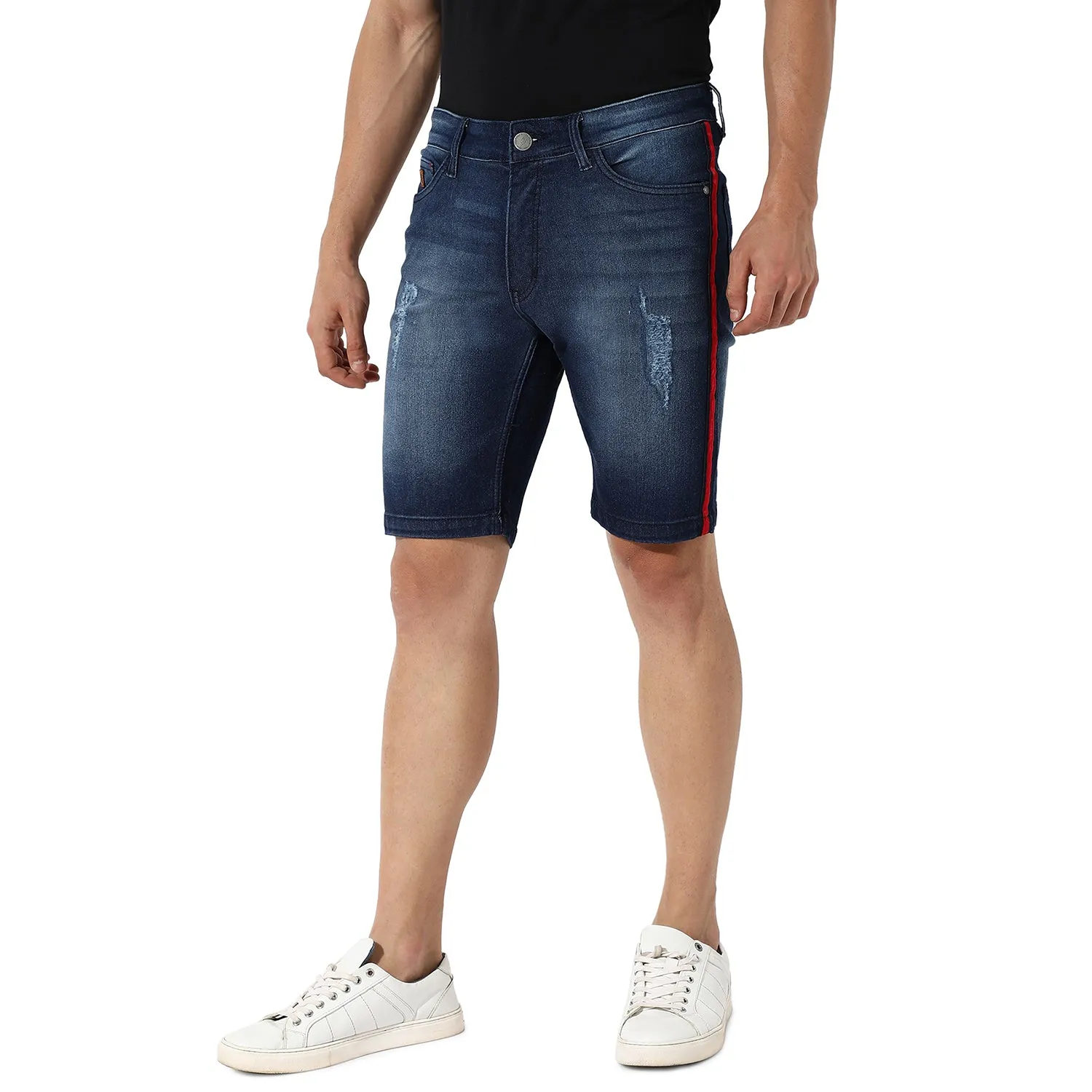 Side-Striped Denim Shorts