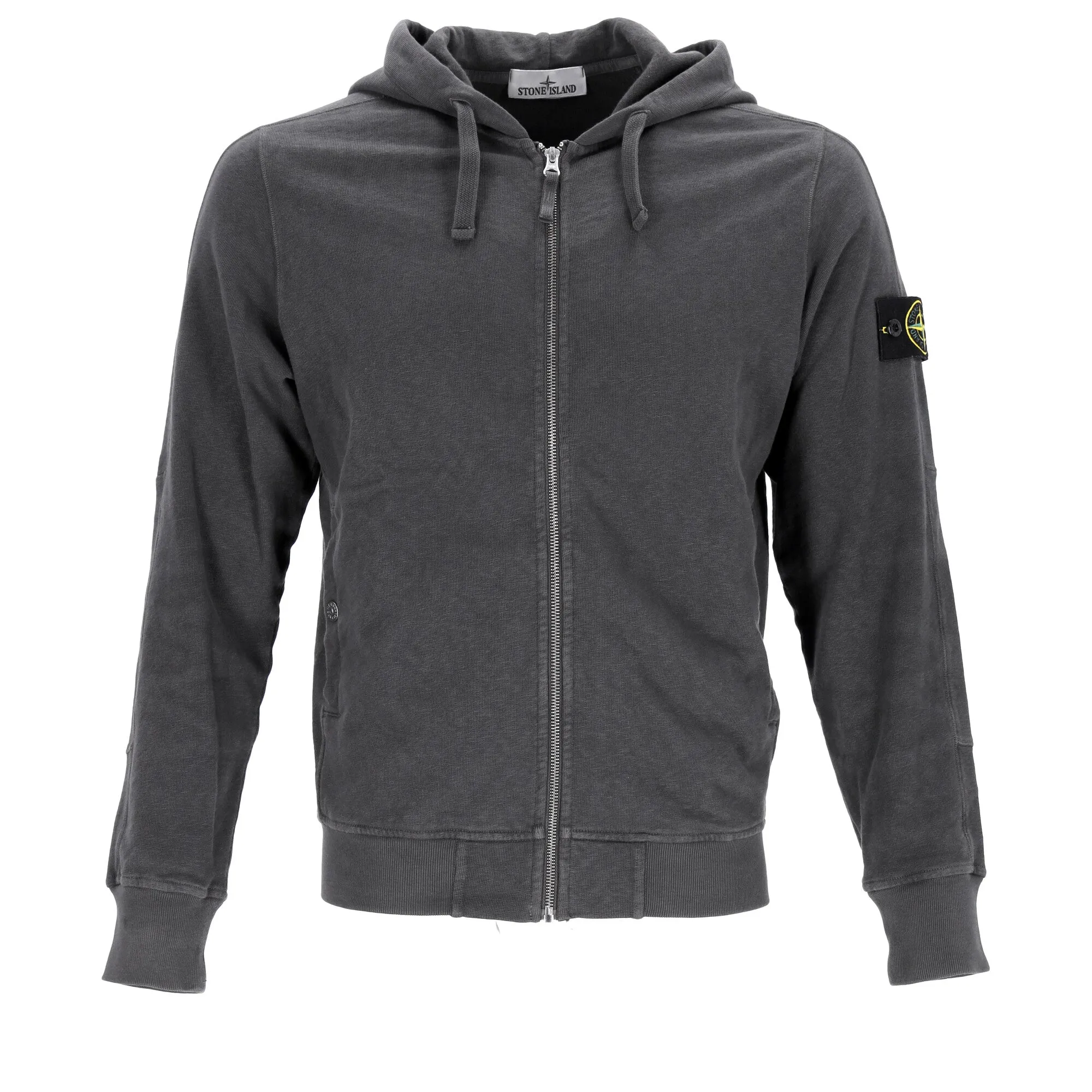 Stone Island Logo Patch Zipped Hoodie in Grey Cotton
