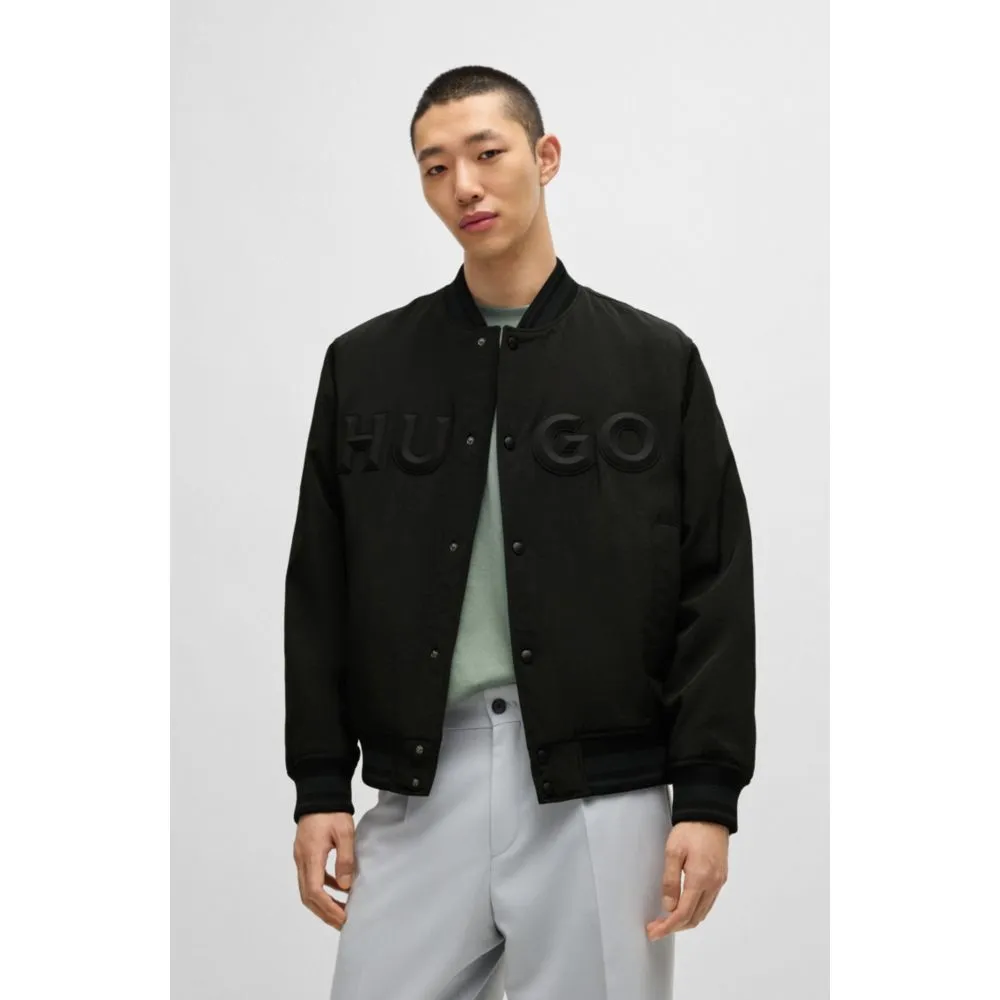 Water-repellent bomber jacket with rubberized logo